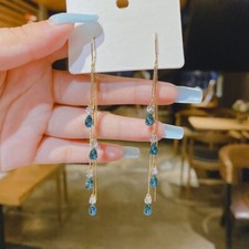 925 Sliver Long Tassel Waterdrop Crystal Zircon Earrings Dangle Women Jewelry