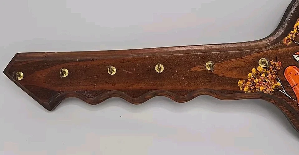 Vtg Wood Painted Mushroom Art 6 Key Hanger Rack Wall Mount Retro Signed DACO 17" - Image 3 of 4