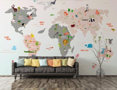 3D Cartoon World Map K15063 Wallpaper Mural Self-adhesive Removable Sticker Kay