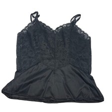 Vtg VANITY FAIR CAMISOLE TOP Satin NYLON  LACE LINGERIE sz 32 BLACK SISSY