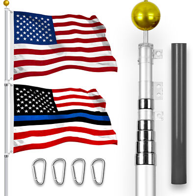 20 Ft Telescoping Flagpole Silver & USA and Blue Lives Matter Flags Spun 3x5 Ft