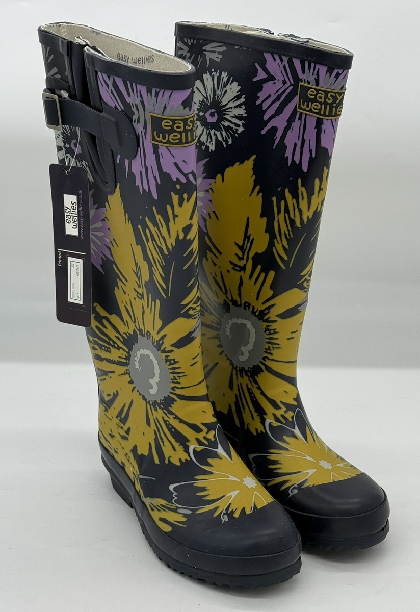 Easy Wellies Floral Waterproof Wellington Boots UK 3, Navy, Abstract, RRP 