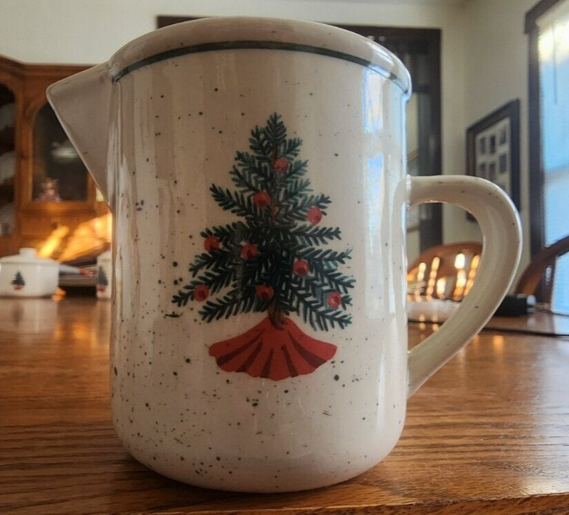 Holiday Creamer Pitcher 10 oz. Stoneware Folkcraft Red Green White !