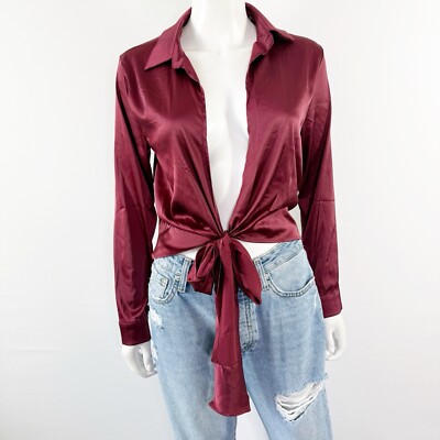 Windsor Burgundy Satin Knot Front Blouse Size S Deep V-Neck Cocktail NEW