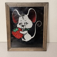 Vtg Painted Plastic Glitter Art Mouse Strawberry Carnival Prize Framed Cute 70s