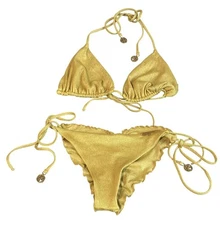 Luli Fama Triangle Top & Ruched Tie Side Bottoms Bikini in Gold