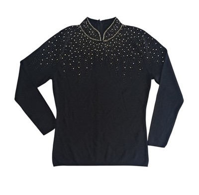 Just Elegance Pailletten Perlen Pullover Damen Strick Oberteil Schwarz Stehkragen Gr. M