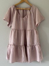 Madewell Linen Cotton Blend Tiered Mini Dress Pink Size Large Boho with Pockets