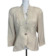 Vintage Nahdree by Victor Costa Blazer sz 10 Ivory Pearls Lace Wedding Formal