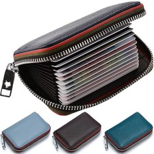 Genuine Leather Zipper Wallet Men RFID Blocking Accordion Zip Around Card Holder