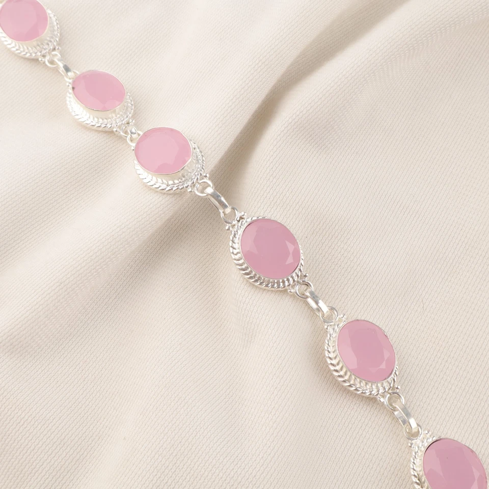 Brazalete Joyería Hecho a Mano Plata de Ley 925 Piedras Preciosas Calcedonia Rosa 8" Foto 4 de 4
