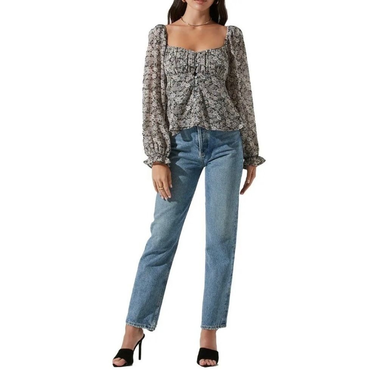 ASTR the Label Sweetheart Button Down Blouse Black Floral NWT Women Size XS / M