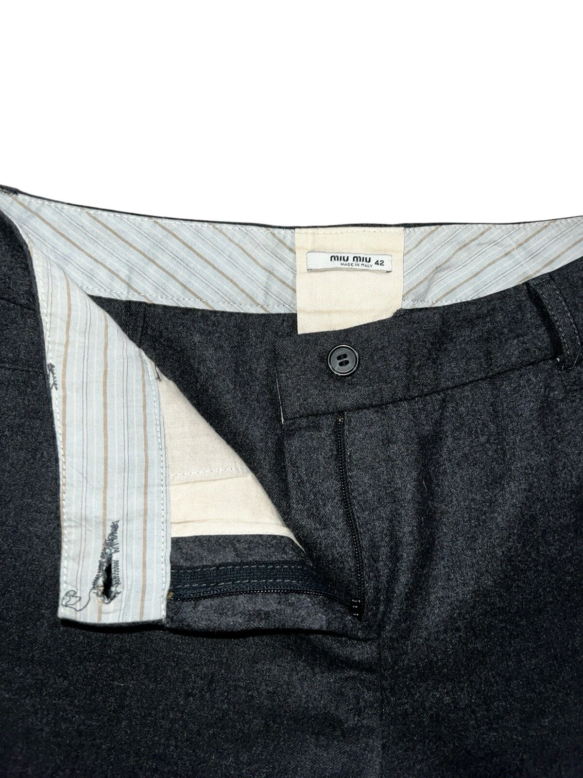 Pantaloni eleganti pantaloni pantaloni Miu Miu donna grigio gamba larga 100% lana vergine taglia 42