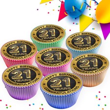 TOPPER CUPCAKE COMMESTIBILE FESTA BUON 21° COMPLEANNO NERO E ORO DECORAZIONE KD003