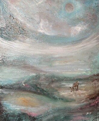 22x18 cm Gemälde Hirsch und Landschaft Acryl Strukturmalerei signiert