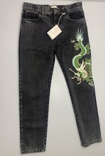 Gucci Embroidered Dragon Jeans Black Multi Washed Denim Size 12