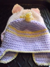2-Handmade Crochet Baby Girl Hats 0-3 months, white with cat ears, lilac yellow