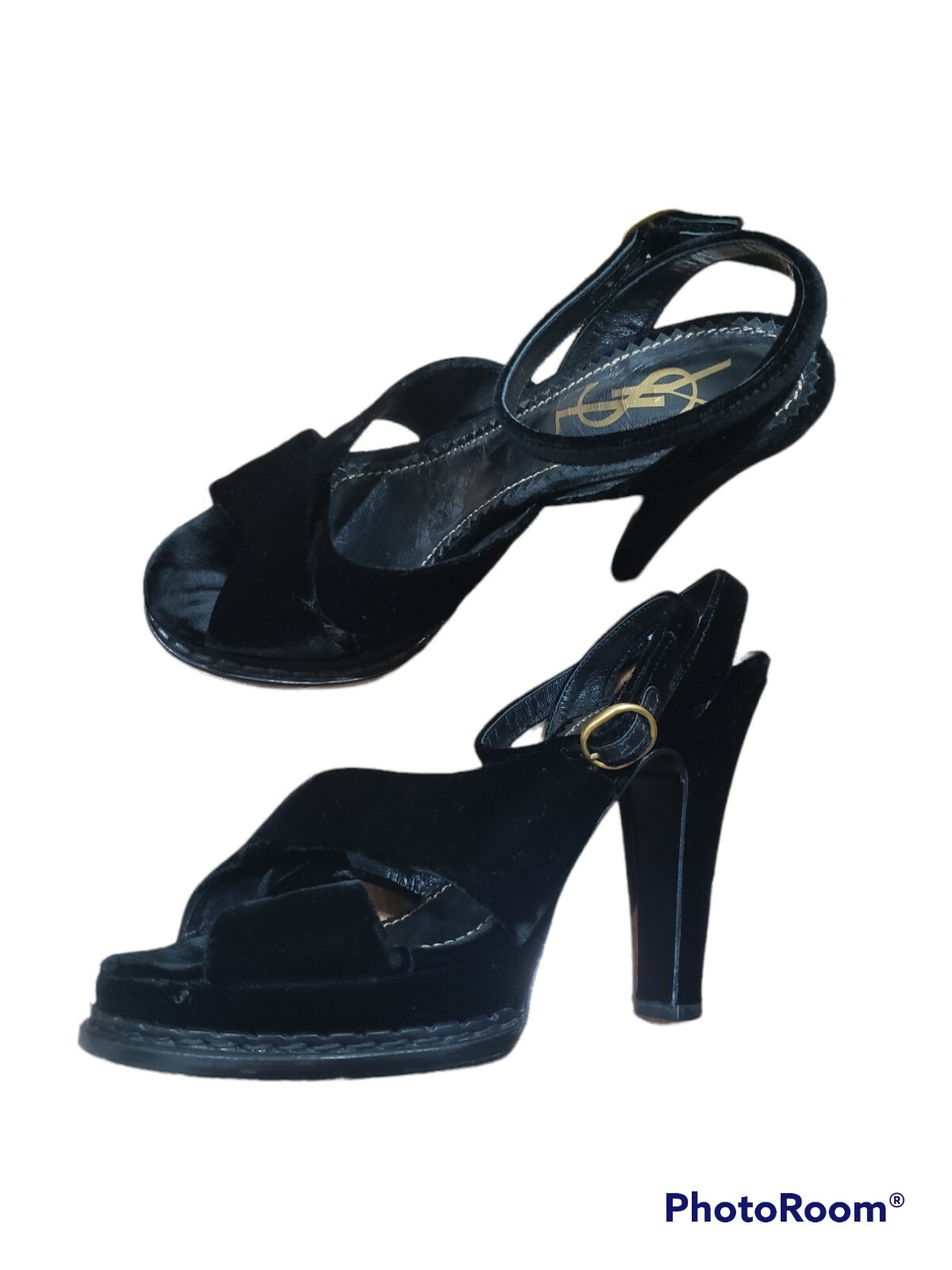 Sandali Yves Saint Laurent neri con tacco in velluto taglia 37 5 us 7