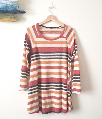 Eloges Multicolor Striped Long Sleeve Sweater Medium Flowy Hem Elbow Patches