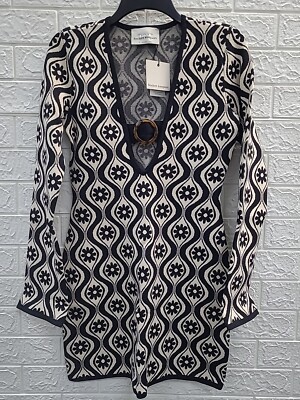 New Finders Keepers Long Sleeve V-neck Quinn Knit Dress Cream Retro Floral Sz 6