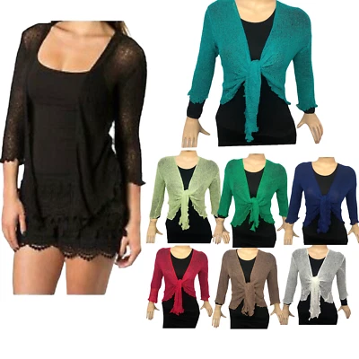 New Womens Tie Up Open Front Shrug Ladies Knitted Cropped Bolero beach summer