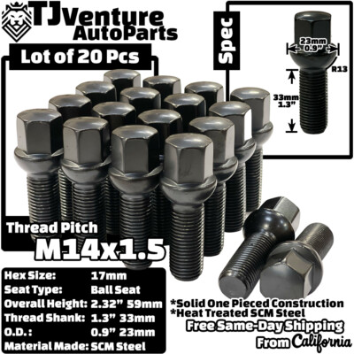 20-Pack Black Ball Seat Wheel Lug Bolts – 14x1.5 Thread, 33mm Shank, For Mercedes, Audi, VW, Porsche – AVNPerformance