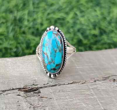Blue Copper Turquoise 925 Sterling Silver Handmade Statement Ring All Size R74