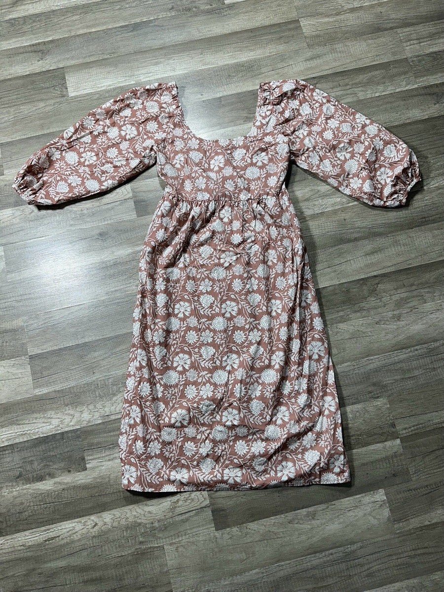 FAHERTY Freya MIDI Dress Scoop Neck Balloon Sleeve Cotton Brown Clay Sz  Small | eBay