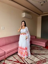 Designer Women's Soft Georgette White Ombre Floral Lehenga Choli Set Sequin
