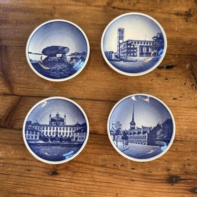 4 vintage Royal Copenhagen Denmark Blue White Mini Plates Landmark Souvenir 3''