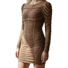 PRETTYLITTLETHING Taupe Mesh L/S  Ruched Open Back Bodycon Dress EUC Size 10