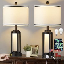 25" Modern Table Lamps Set of 2, Industrial Beside Lamps with USB A C Black