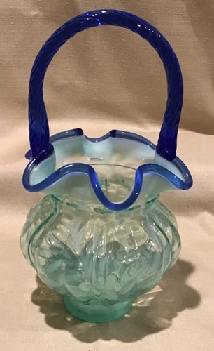 Fenton Aqua Green Opalescent Fern Optic Basket Cobalt Blue Crest W.C. Fenton