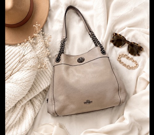 Coach Edie Turn lock Taupe Pebbled Leather Shoulder Bag Purse Satchel 36855