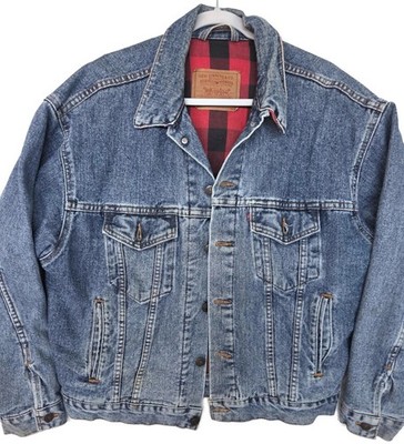 Vintage Levi's Jacket Mens Medium Blue Denim Plaid Lined Trucker 70417-4891 80s