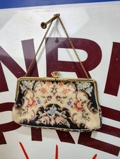 Antique Jeweled French Petit Point Purse Hand Clutch Bag with Card Mirror Holder
