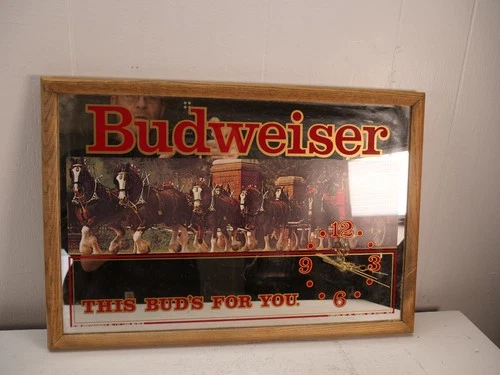 Vintage 80's Budweiser Beer Sign Clock Mirror Clydesdales This Bud's For You Bar
