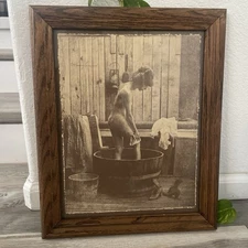 Vtg R. Hendrickson Woman Bathing In Half Wine Barrel Nude Framed Print