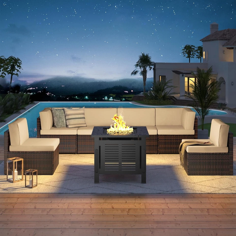8 Piece Outdoor Patio Furniture Set with Fire Pit Table, Tea Table and Cushions - Image 2 of 4