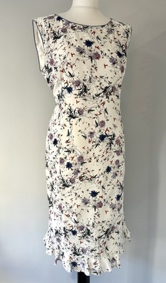Caroline Charles weiß blau rot Blumen 100 % reine Seide Midi Etuikleid 16 (14 12