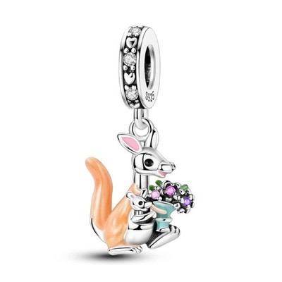 Kangaroo Mom Baby Dangle Charm Fit Bracelet Necklace, 925 Sterling Silver