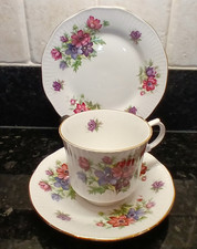 Vintage Royal Heritage Fine Bone China Trio Tea Cup Saucer Side Plate Flowers VG