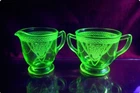 Vintage Uranium Depression Glass Green Creamer&Sugar Bowl Glows