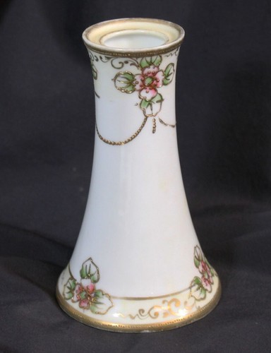 Vintage Nippon Vase handbemalt konisch 5" hoch Goldrand Blumen weiß viktorianisch
