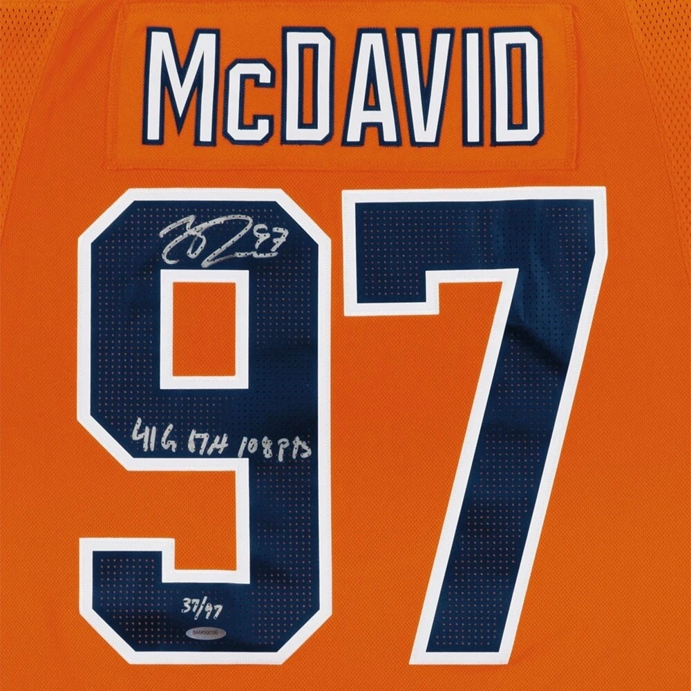 Connor Mcdavid Inscribed “100-108-116 Pts” Orange Jersey L-97