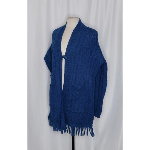 ARAN CRAFTS Irish Ireland Blue Merino Wool Cable Knit Cape Sweater One Size - Picture 4 of 10