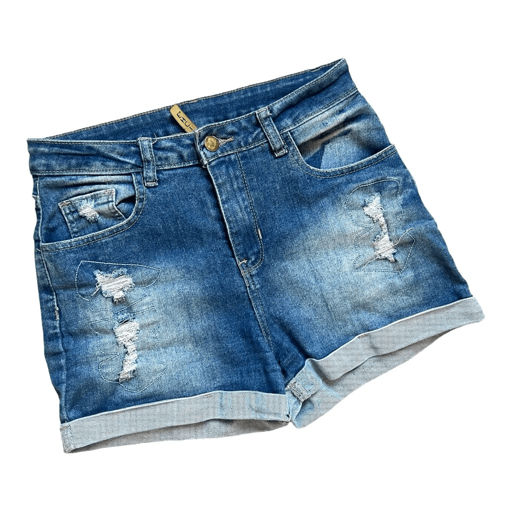 Juniors Womens Vertiche Medium Rinse Cuffed Distressed Denim Jean Shorts  Sz