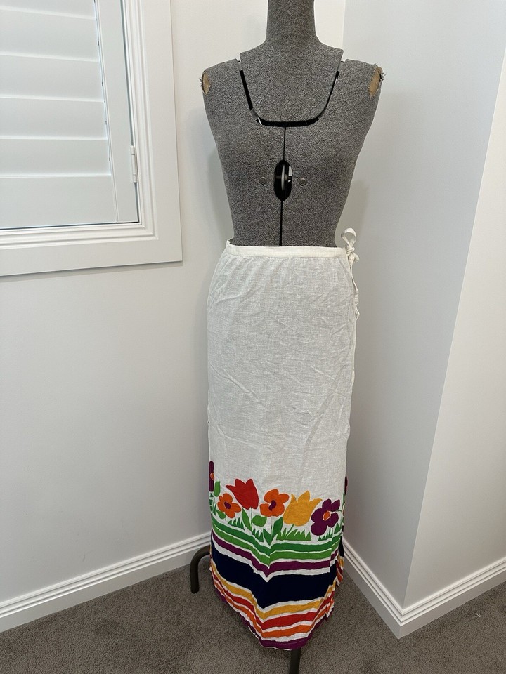 Vintage 70s Aquasuit Cotton Linen Maxi Swim Skirt Wrap Rainbow Floral S 8