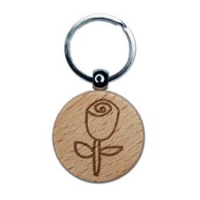 Rose Stem Flower Doodle Engraved Wood Round Keychain Tag Charm