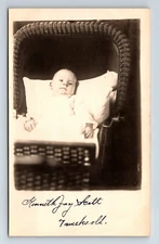 Portrait Of 7 Week Old Baby Boy In Wicker Basket Real Photo Postcard RPPC